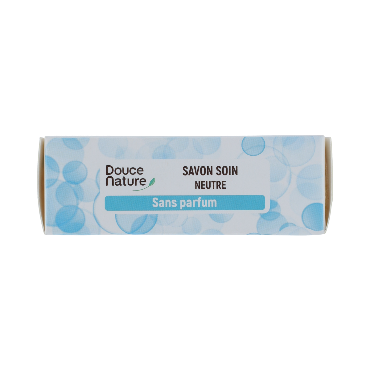 Douce Nature unscented, fragrance-free soap bar 100g with natural ingredients, shown in a close-up image.
