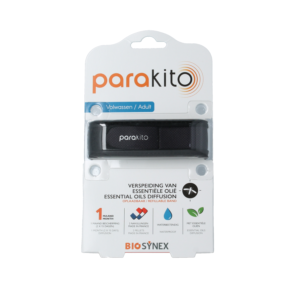 Black Parakito anti-mug armband for adults, designed to prevent bites and stings, shown in a close-up image.