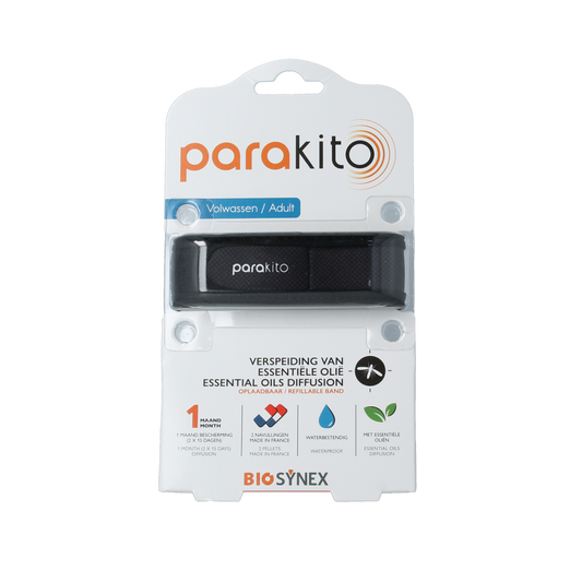 Black Parakito anti-mug armband for adults, designed to prevent bites and stings, shown in a close-up image.