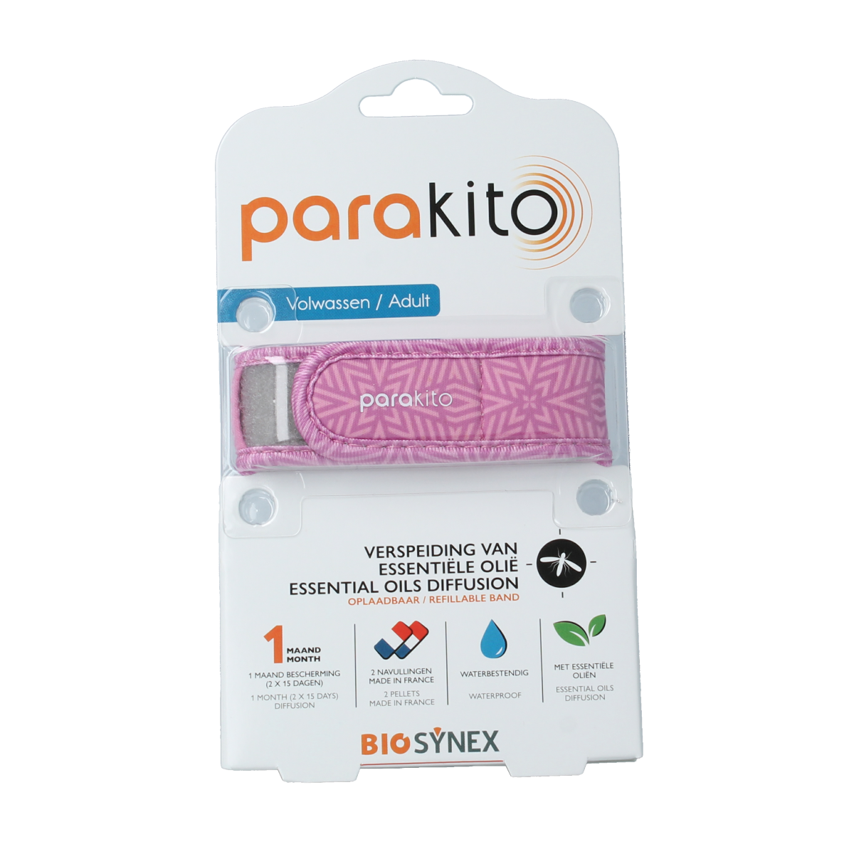 Parakito violet anti-mug armband for adults, insect bite and sting protection, adjustable strap, shown on a person’s arm