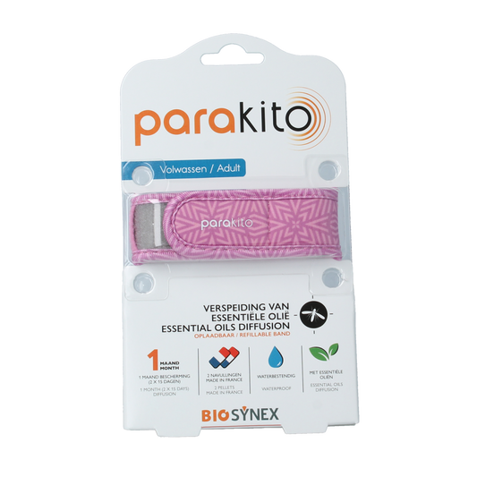 Parakito violet anti-mug armband for adults, insect bite and sting protection, adjustable strap, shown on a person’s arm