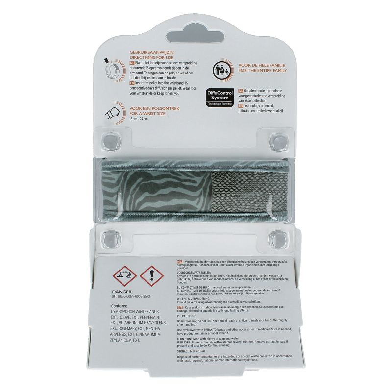 Parakito anti-mug armband for adults, jungle design, ideal for insect bites and mosquito protection, shown on an arm.