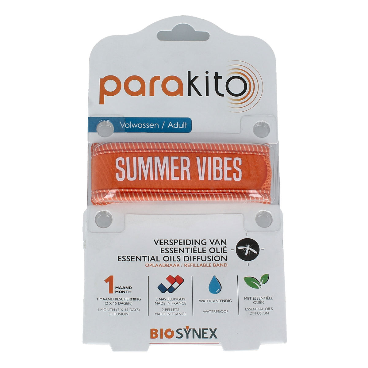 Orange Parakito anti-mug armband for adults, designed to repel biting insects, shown in close-up view.