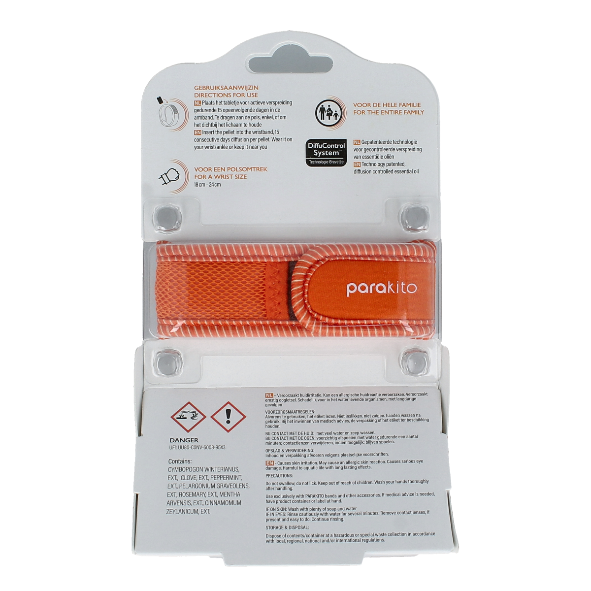 Orange Parakito anti-mug armband for adults, designed for protection against bites and stings, with a close-up of the product.
