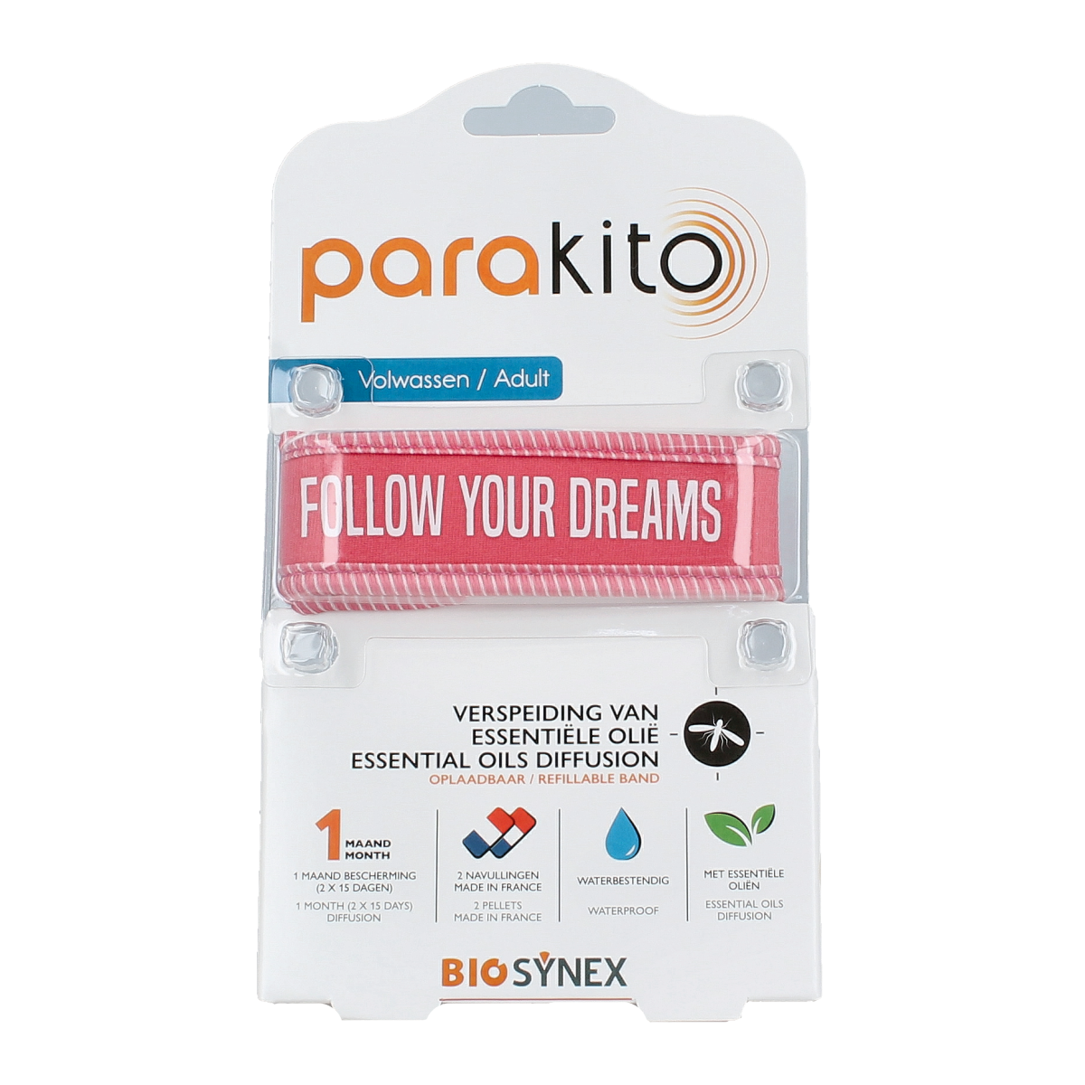 Parakito fuchsia anti-mug armband for adults, designed to protect against bites and insect stings, shown in the image.