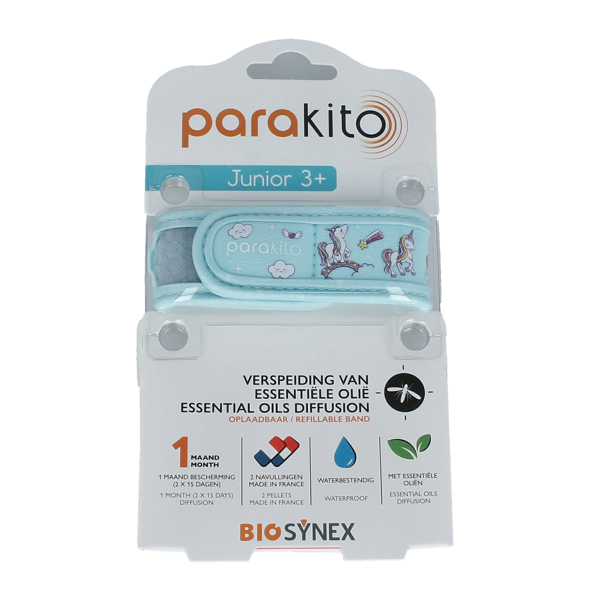 Parakito Junior unicorn-themed anti-mosquito armband for bites protection, shown in a colorful unicorn design.