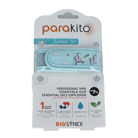 Parakito Junior unicorn-themed anti-mosquito armband for bites protection, shown in a colorful unicorn design.