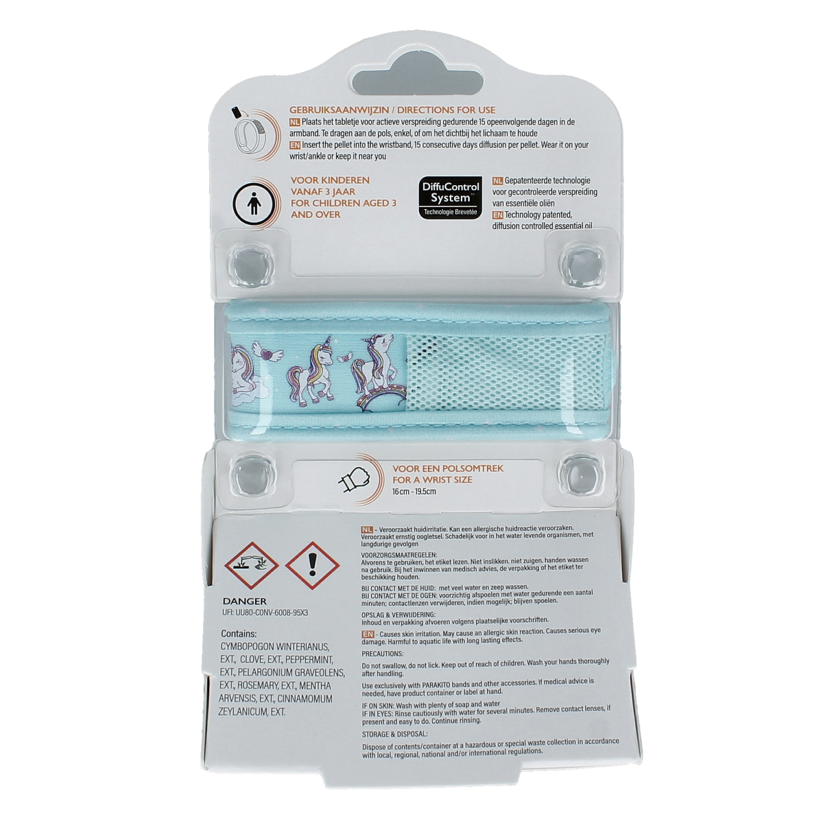 Parakito Junior unicorn-themed anti-mosquito armband for bites and stings, featuring colorful unicorn design and adjustable strap.