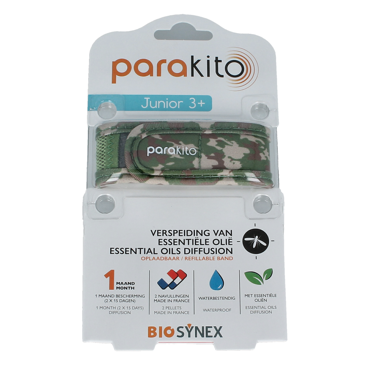 Parakito junior camouflage anti-mug armband for children, designed to repel mosquitoes and biting insects.