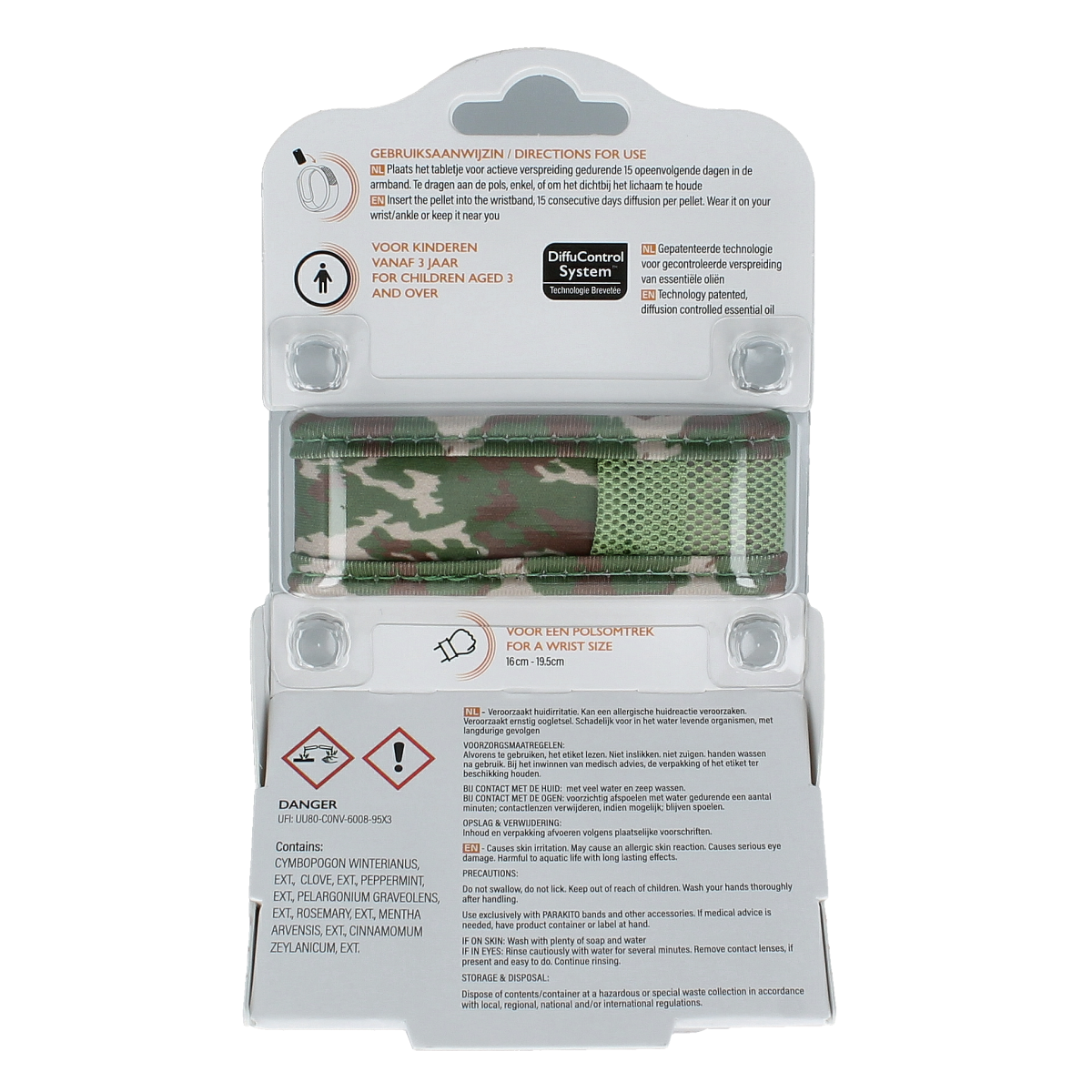 Parakito junior camouflage insect repellent armband for bites and stings, adjustable strap and lightweight design.