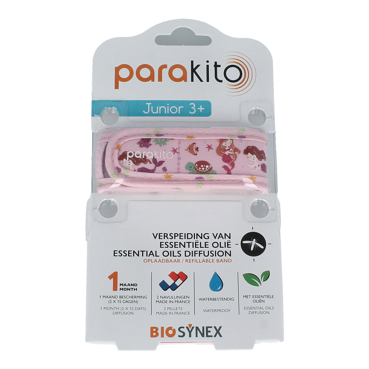 Parakito Junior Mermaid mosquito bite and insect repellent armband for kids, featuring a colorful mermaid design, for effective protection.