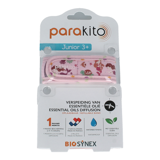 Parakito Junior Mermaid mosquito bite and insect repellent armband for kids, featuring a colorful mermaid design, for effective protection.