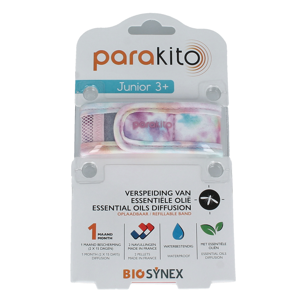 Parakito Junior tie-dye anti-mug armband for bites and insects, designed with colorful tie-dye pattern and adjustable fit.