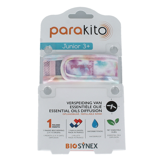 Parakito Junior tie-dye anti-mug armband for bites and insects, designed with colorful tie-dye pattern and adjustable fit.