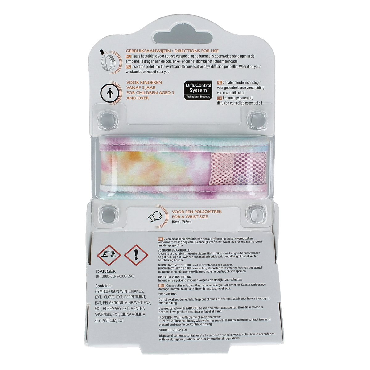 Parakito Anti-mug armband for juniors in tie-dye, designed for mosquito bite protection, shown in vibrant colors.