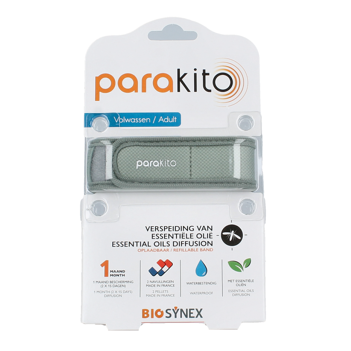 Parakito anti-mug armband for adults in khaki, designed to repel mosquitoes and insects, shown in the image.
