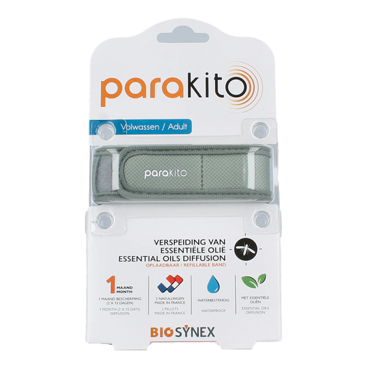 Parakito anti-mug armband for adults in khaki, designed to repel mosquitoes and insects, shown in the image.
