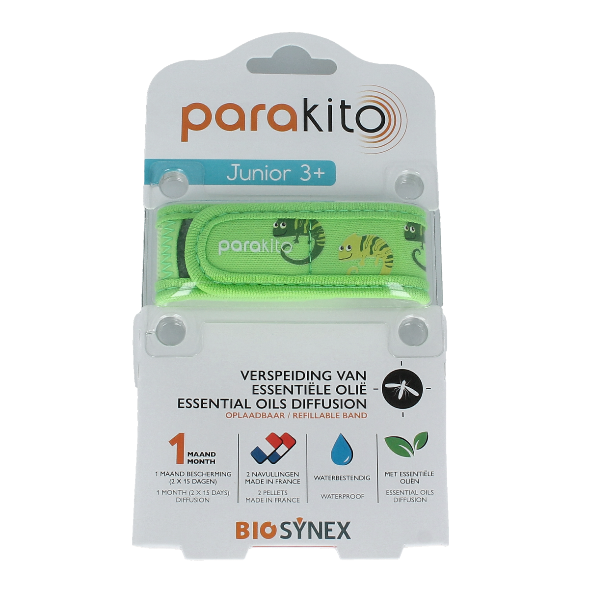 Parakito Junior Kameleon anti-mug armband for kids, designed to repel insects and prevent bites, shown in the image.