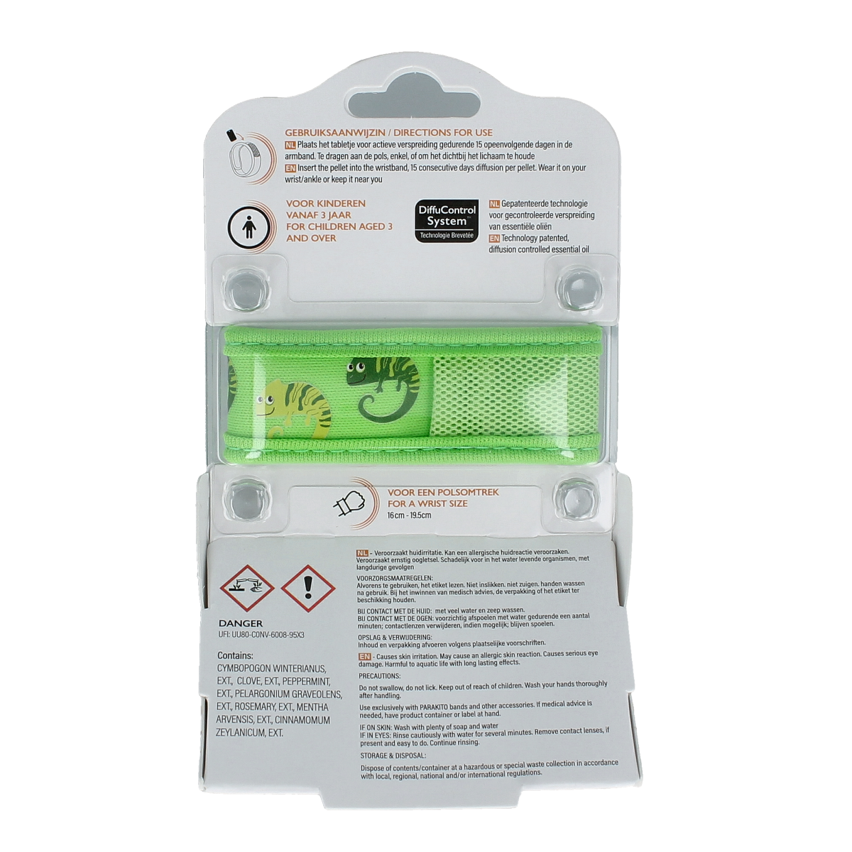 Parakito junior Kameleon anti-mug armband for bites and insects, shown in a natural setting with the product on a child's arm.