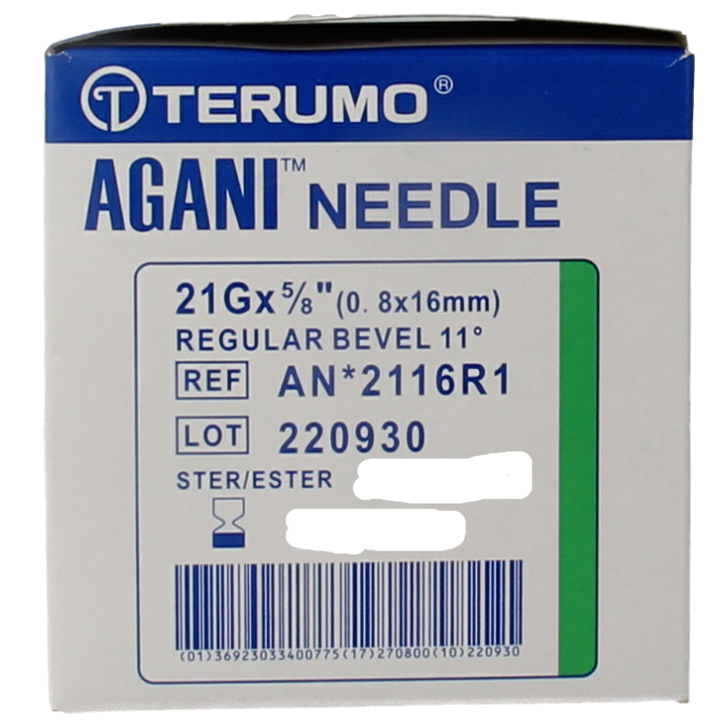 Terumo 21G green injection needle, 0.8 x 16 mm, sterile lancet for medical injections, pack of 100 needles.