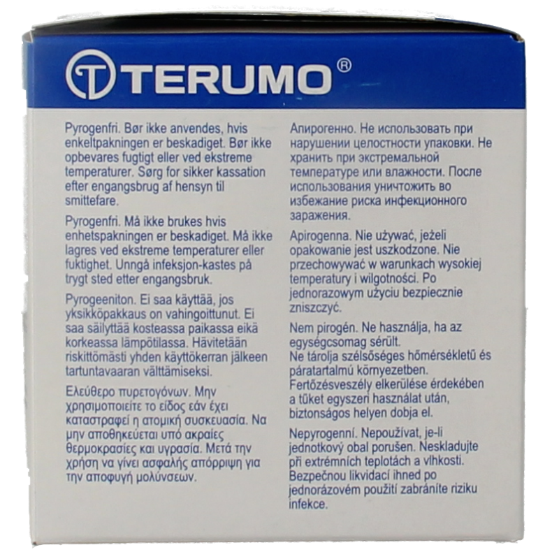 Terumo 21G green injection needle with 0.8 x 16 mm size, shown in a pack of 100 lancets and needles.