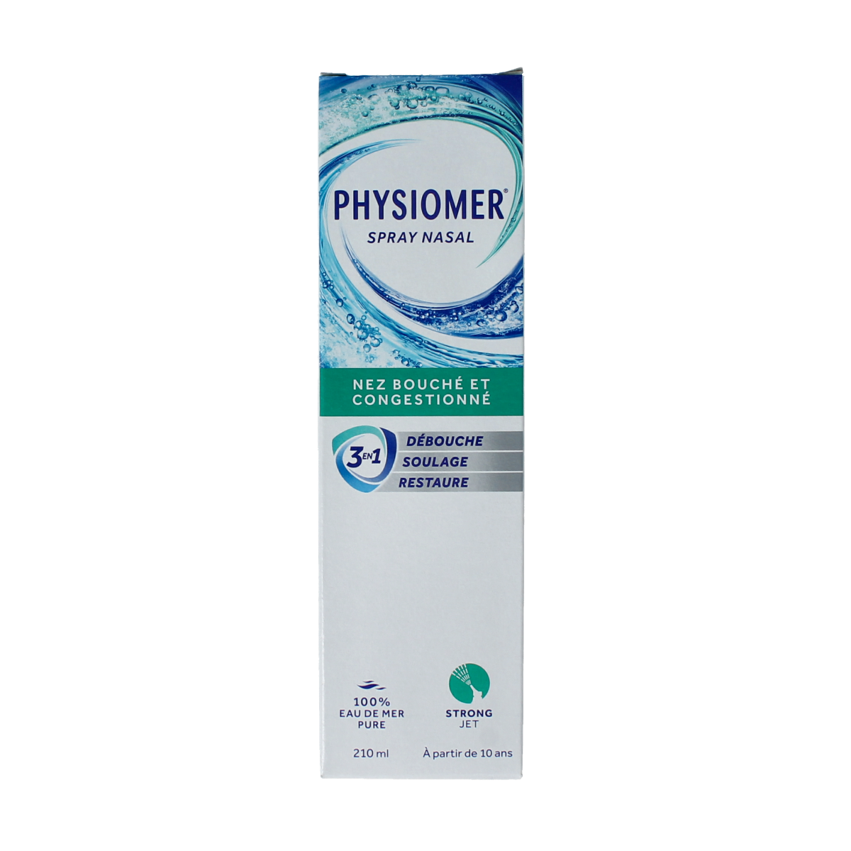 Physiomer Strong jet nasal spray bottle, 210ml, for nasal care and inhalation, with a white and blue label.