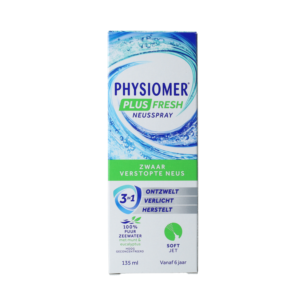 Physiomer Plus nasal spray bottle with 135ml capacity, designed for nasal care and inhalation therapy.