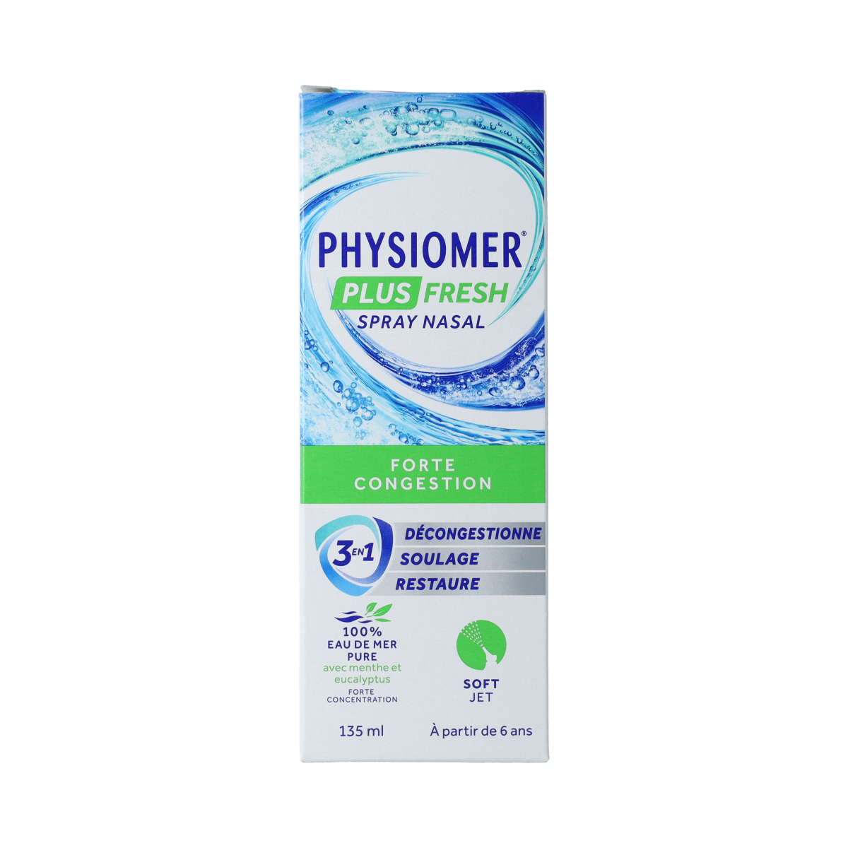 Physiomer Plus nasal spray bottle with 135ml capacity, for nasal care and inhalation, on a white background.
