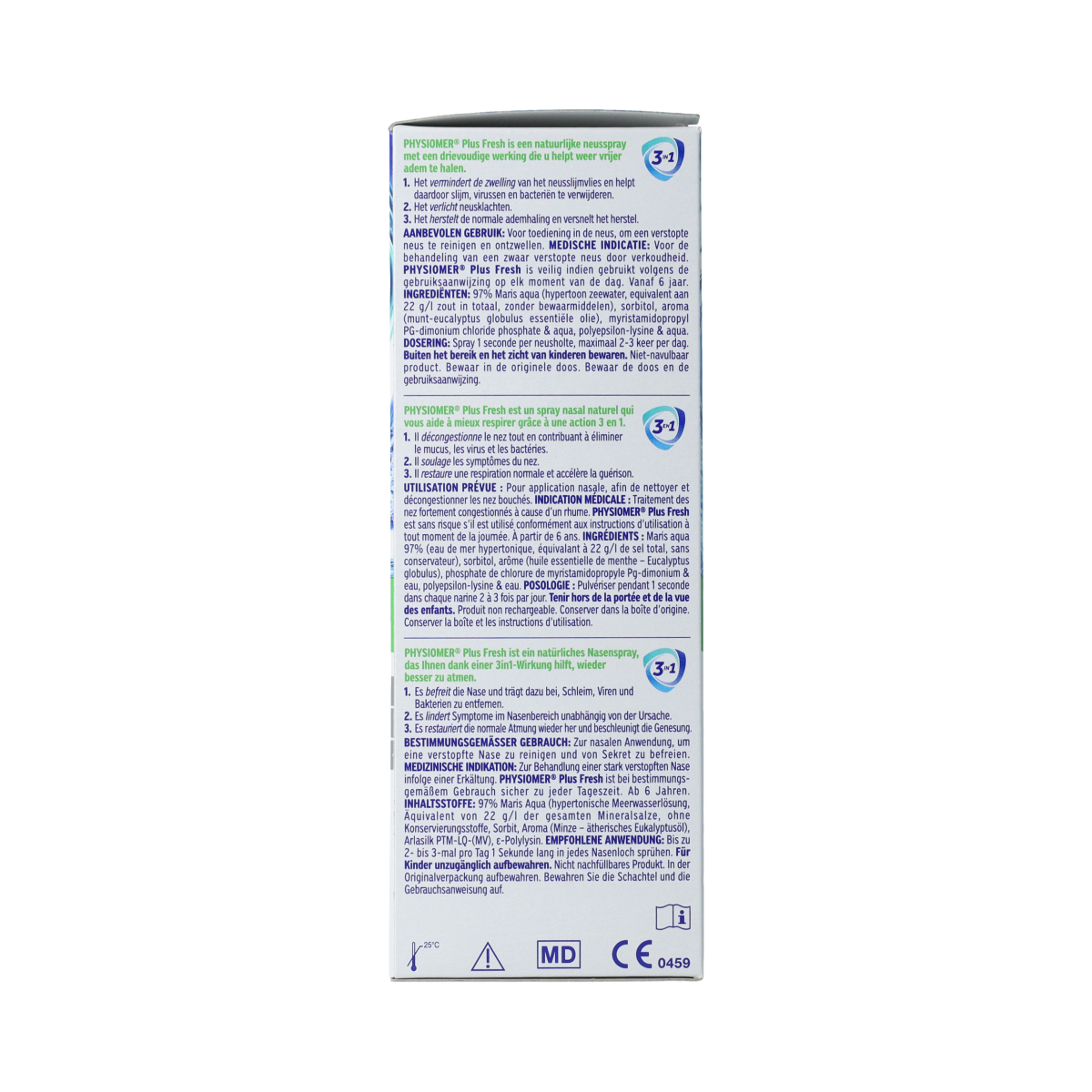 Physiomer Plus fresh nasal spray bottle for nasal care and inhalation, 135ml, with a clear label and spray nozzle.