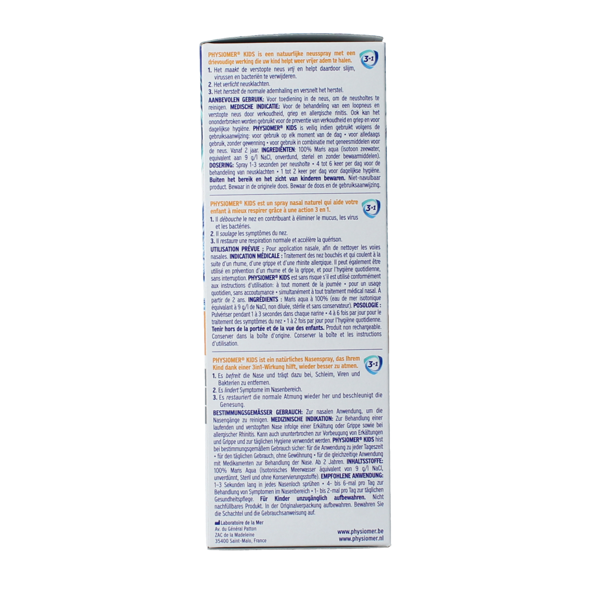 Physiomer Kids nasal spray bottle, 135ml, for nasal care and inhalation, with a child-friendly design and ergonomic nozzle.