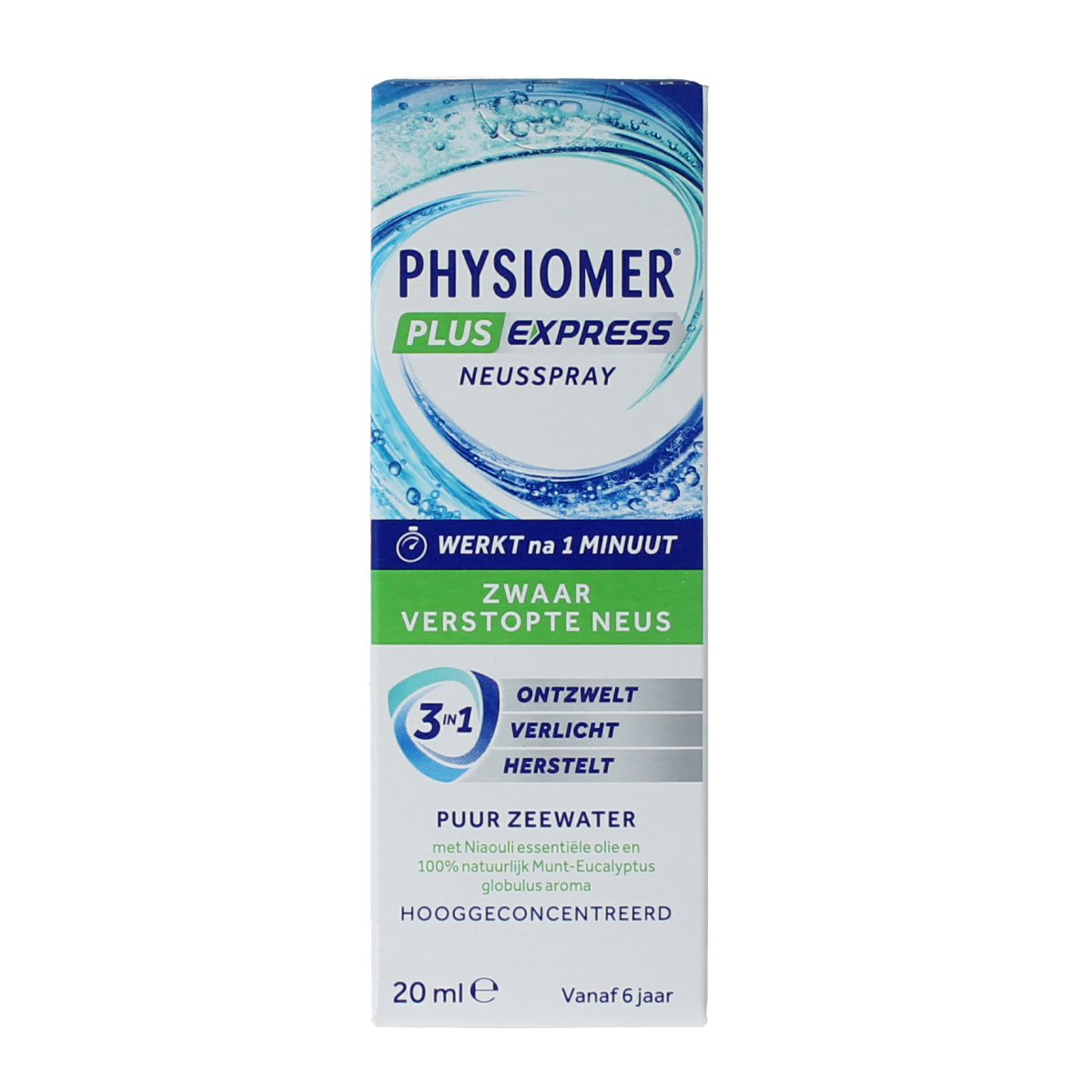 Physiomer Plus fresh nasal spray bottle, 20ml, for nasal care and inhalation therapy, by Physiomer.