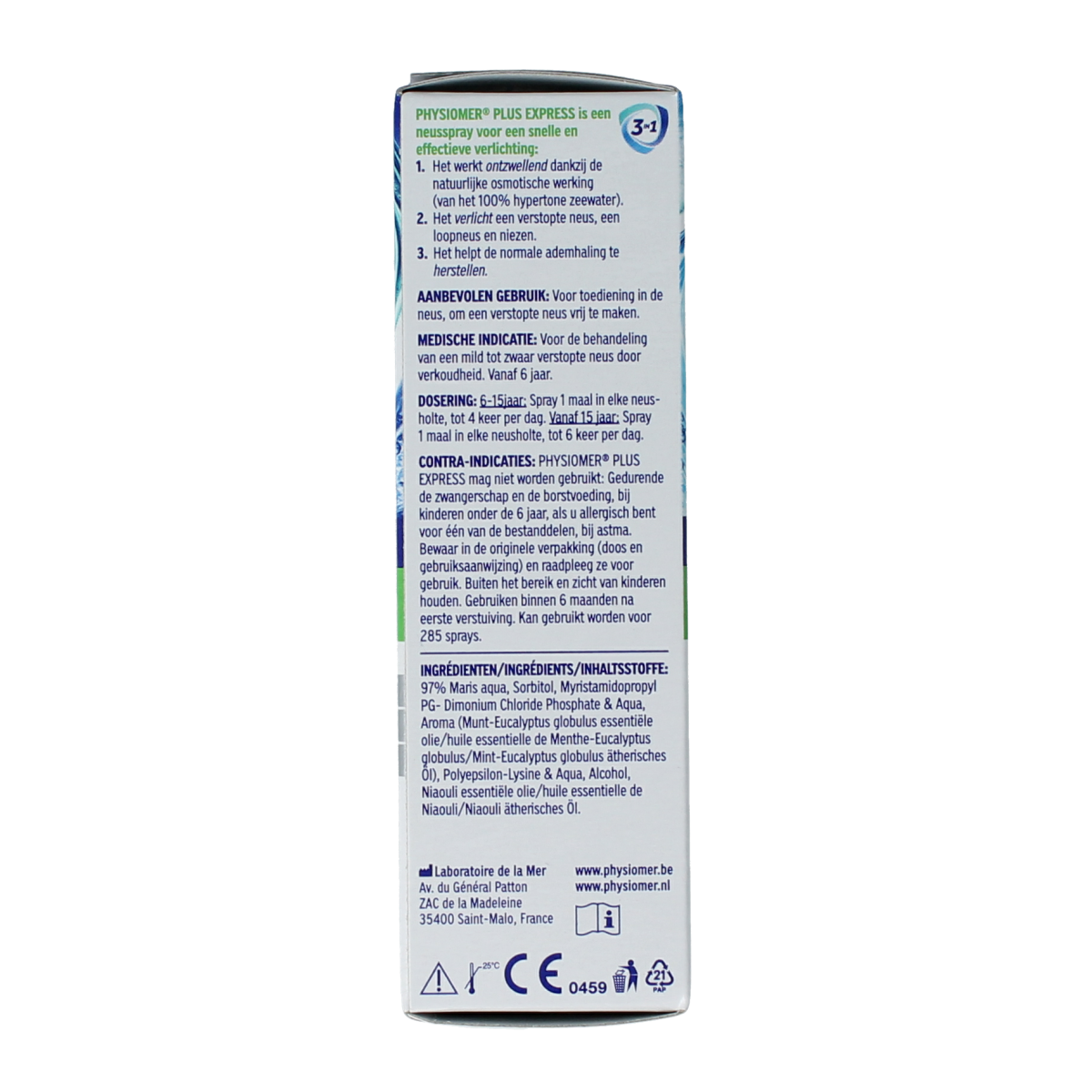 Physiomer Plus nasal spray bottle, 20ml, for nasal care and inhalation, with a clear label and blue cap.