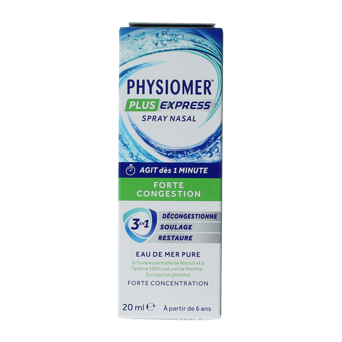 Physiomer Plus nasal spray bottle, 20ml, for nasal care and inhalation, branded physiomer, with a white and blue label.