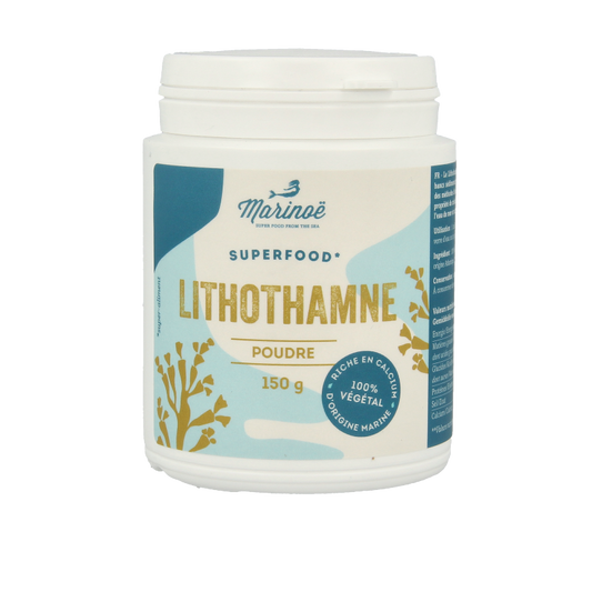 Marinoe Mineralen Multi Lithothamnium powder in 150g jar, natural green mineral supplement with calcium and trace minerals.