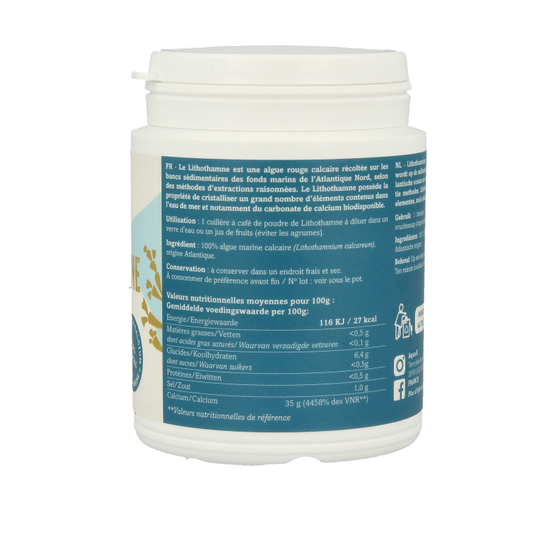 Marinoe Lithothamnium powder, 150g, mineral supplement in a clear container with a scoop, showing the mineral-rich powder.