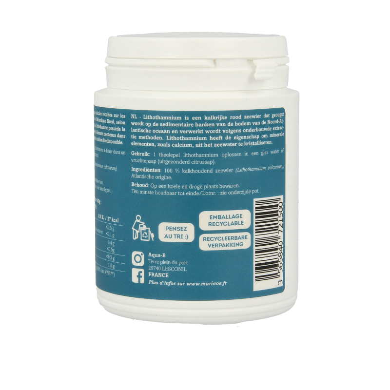 Marinoe Lithothamnium powder in a container, mineral supplement with natural calcium and trace minerals, 150 grams.