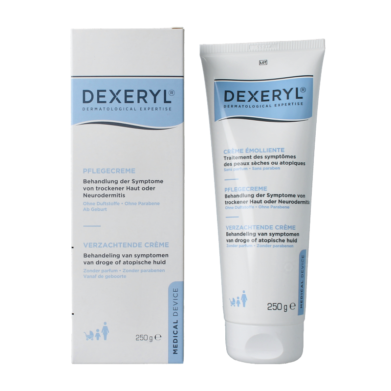 Pierre Fabre Dexeryl body care creme in 250g jar, smooth and moisturizing skincare product for sensitive skin.