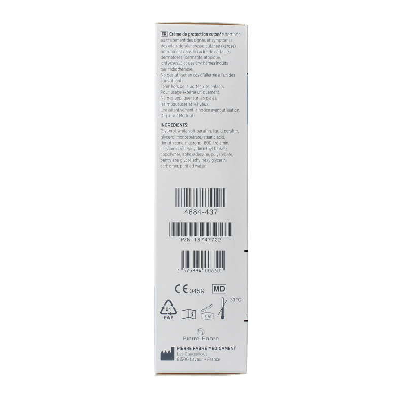 Pierre Fabre Dexeryl body care cream in 250g jar, smooth texture, and white packaging, designed for skin hydration and care