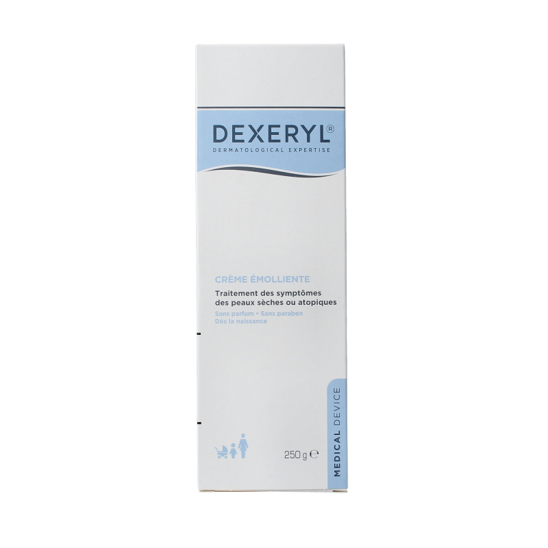 Pierre Fabre Dexeryl body cream in 250g jar, moisturizing and soothing skincare product for sensitive skin.