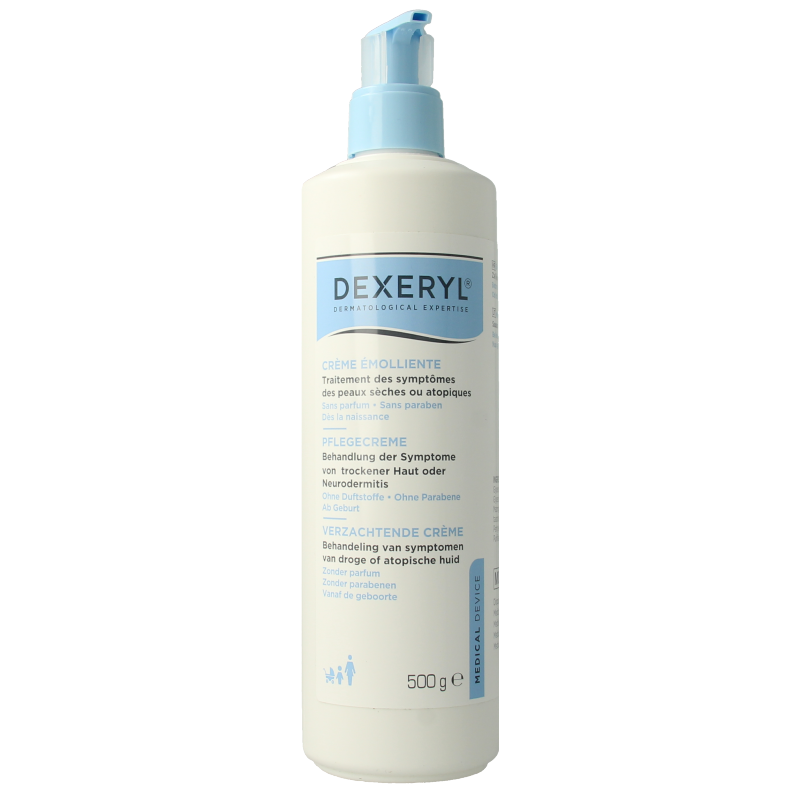 Pierre Fabre Dexeryl body cream 500g jar, soothing skincare product for sensitive skin, in a white container with a blue label.