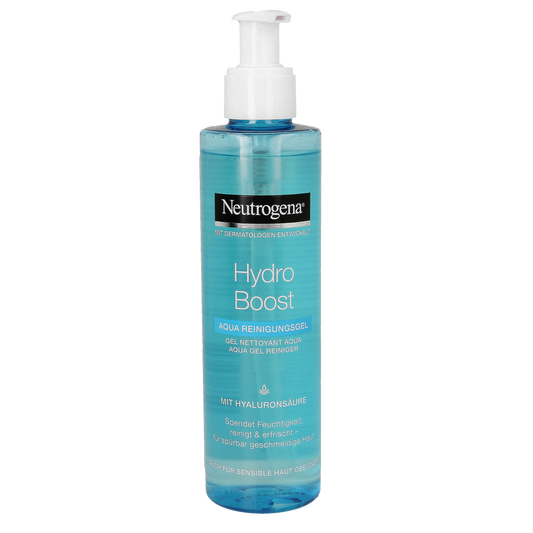 Neutrogena Hydra Boost cleansing gel in a 200ml bottle, a facial skincare product for gentle cleansing and hydration.