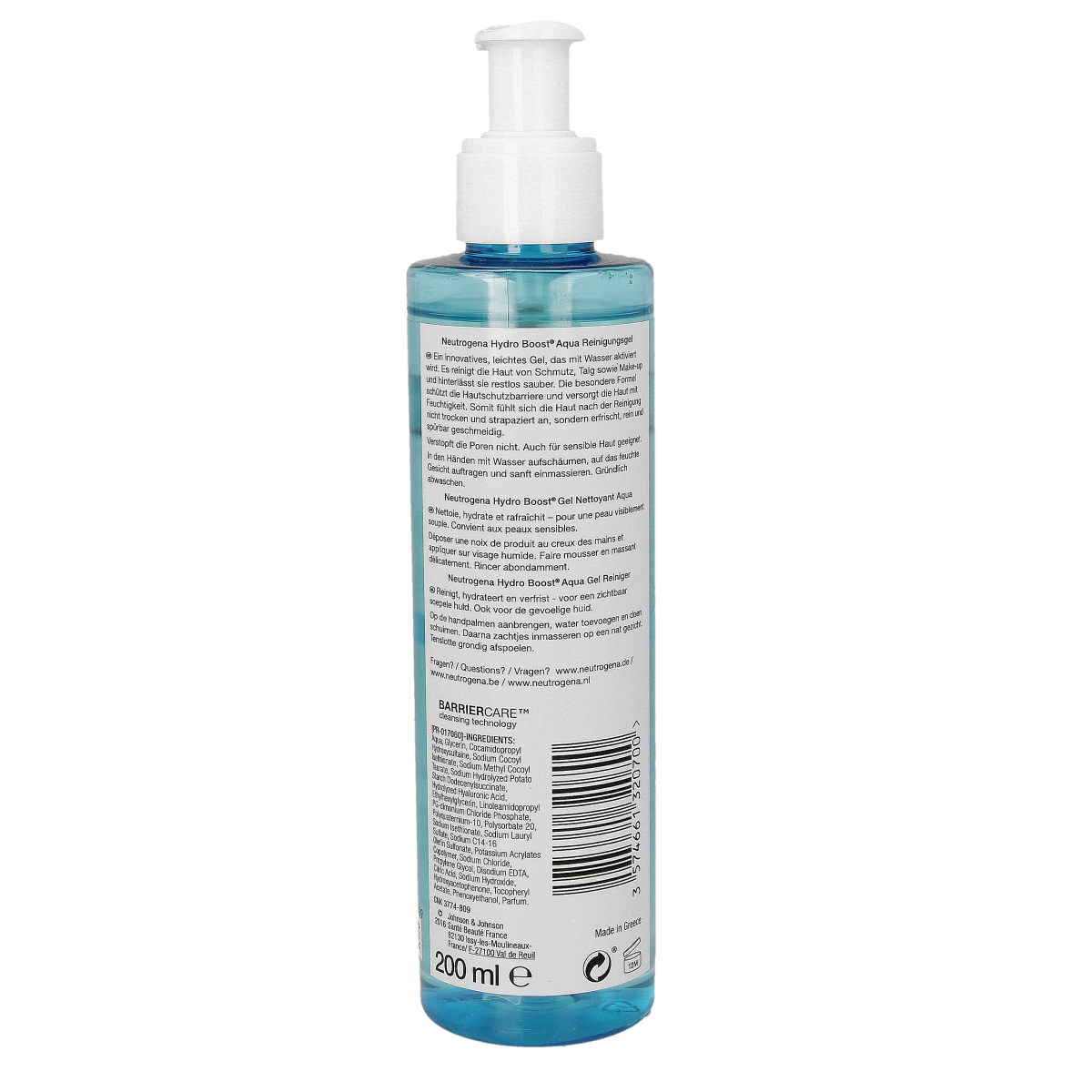Neutrogena Hydra Boost cleansing gel in 200ml bottle, facial skincare product with clear gel texture and blue label.