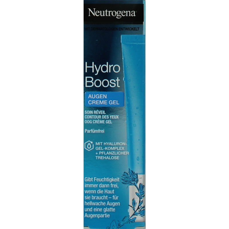 Neutrogena Hydro Boost eye gel in 15ml container, hydrating eye care product with a clear gel texture for soothing under-eye skin.