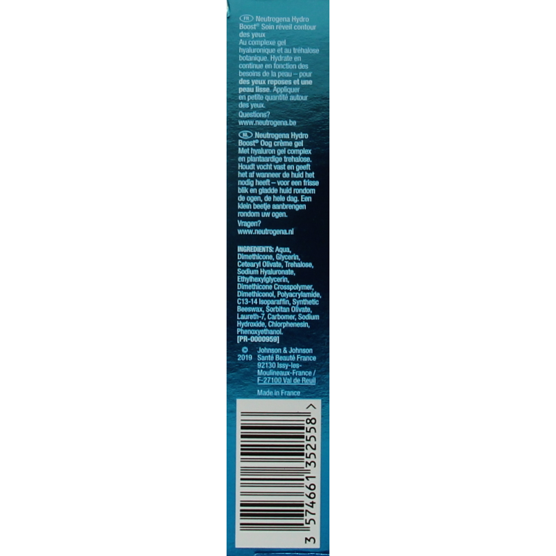 Neutrogena Hydro Boost eye gel in 15ml jar, hydrating eye care product with a clear gel texture for soothing under-eye skin.