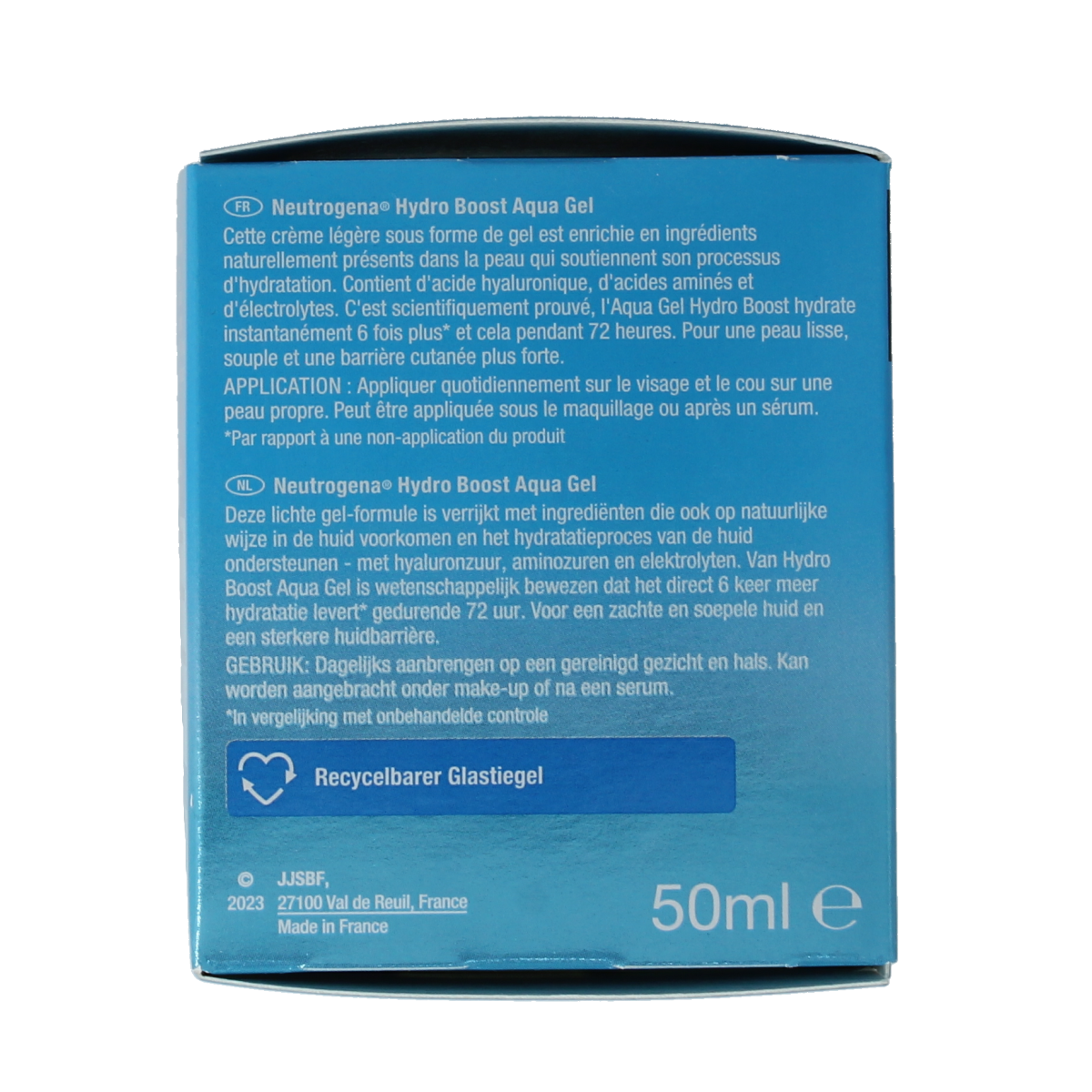 Neutrogena Hydro Boost Aqua Gel Moisturizer in 50ml jar, hydrating facial skincare product with a blue gel texture.