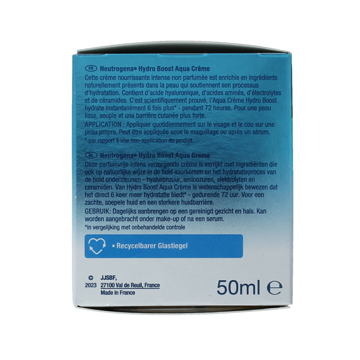 Neutrogena Hydro Boost creme gel moisturizer in a 50ml jar, featuring a lightweight, hydrating facial skincare formula.