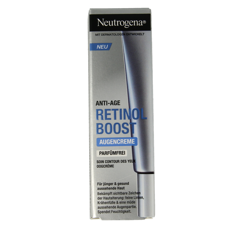 Neutrogena Retinol Boost Eye Cream in 15ml jar, featuring smooth texture and applicator for eye skincare.