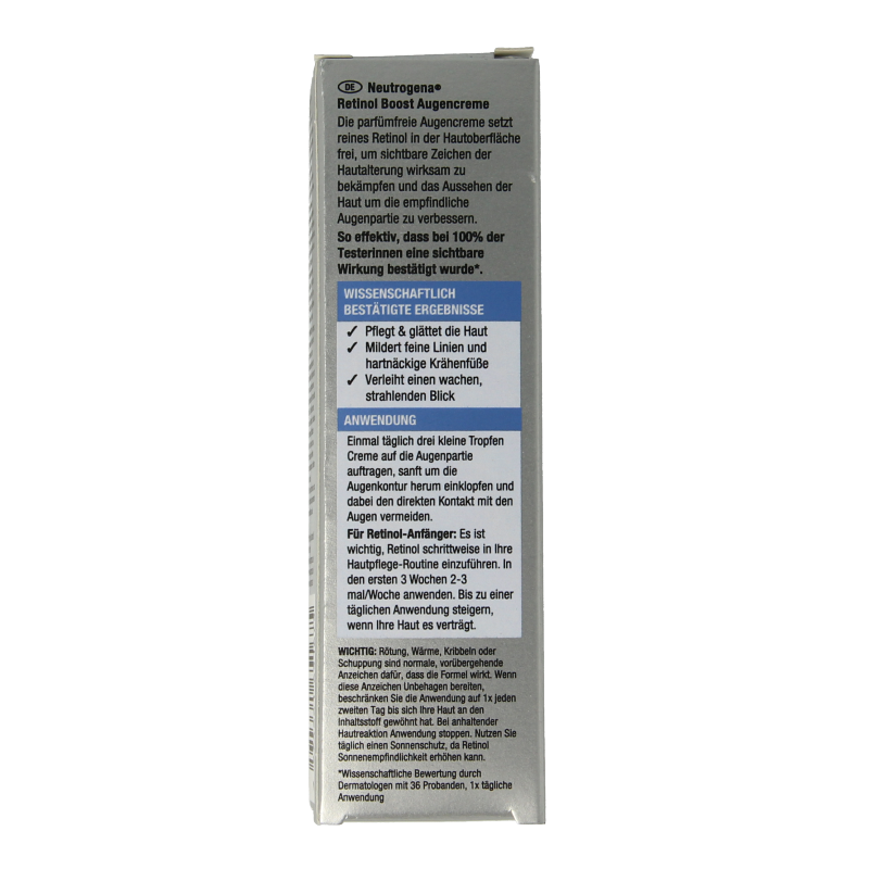 Neutrogena Retinol Boost Eye Creme in 15ml jar, showing the eye care product designed to reduce fine lines and brighten skin.