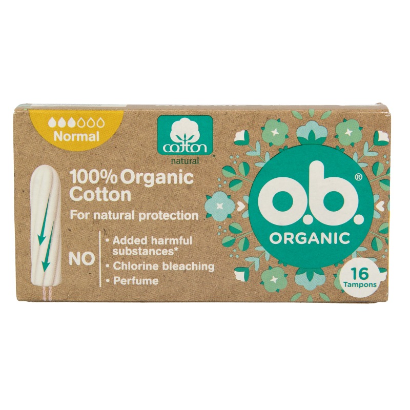 Organic OB Tampons normal, 16-pack, feminine hygiene product designed for comfort and absorption during menstruation.