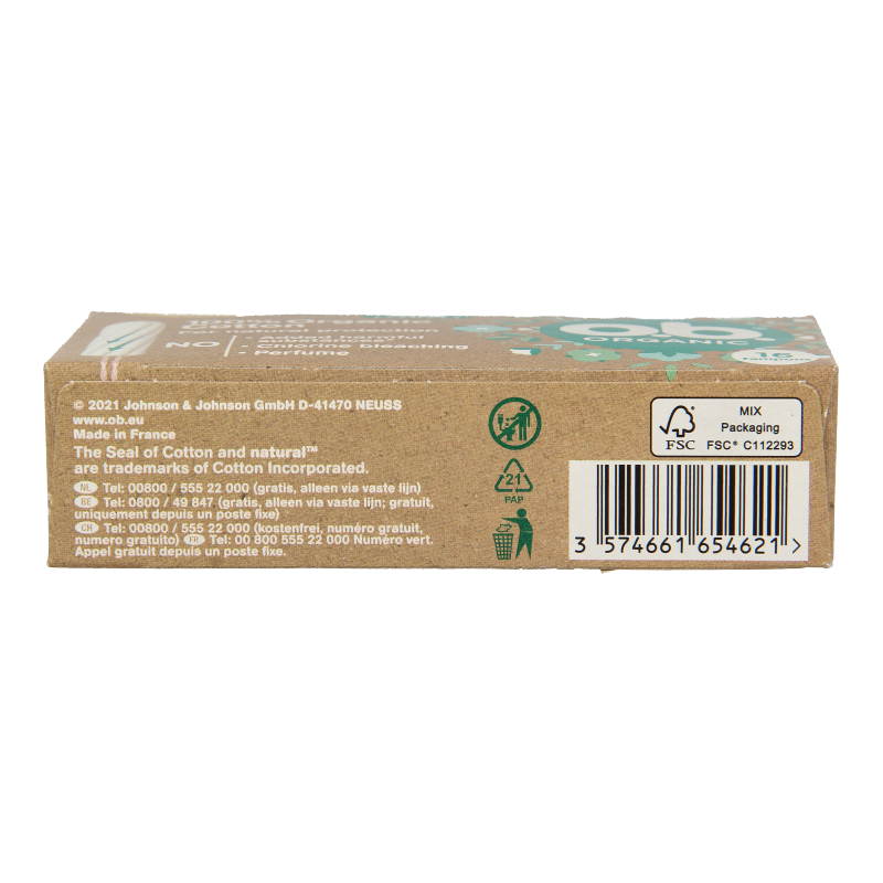 OB Tampons organic normal, 16-pack, made for women, showing the box with tampons inside and the OB branding.